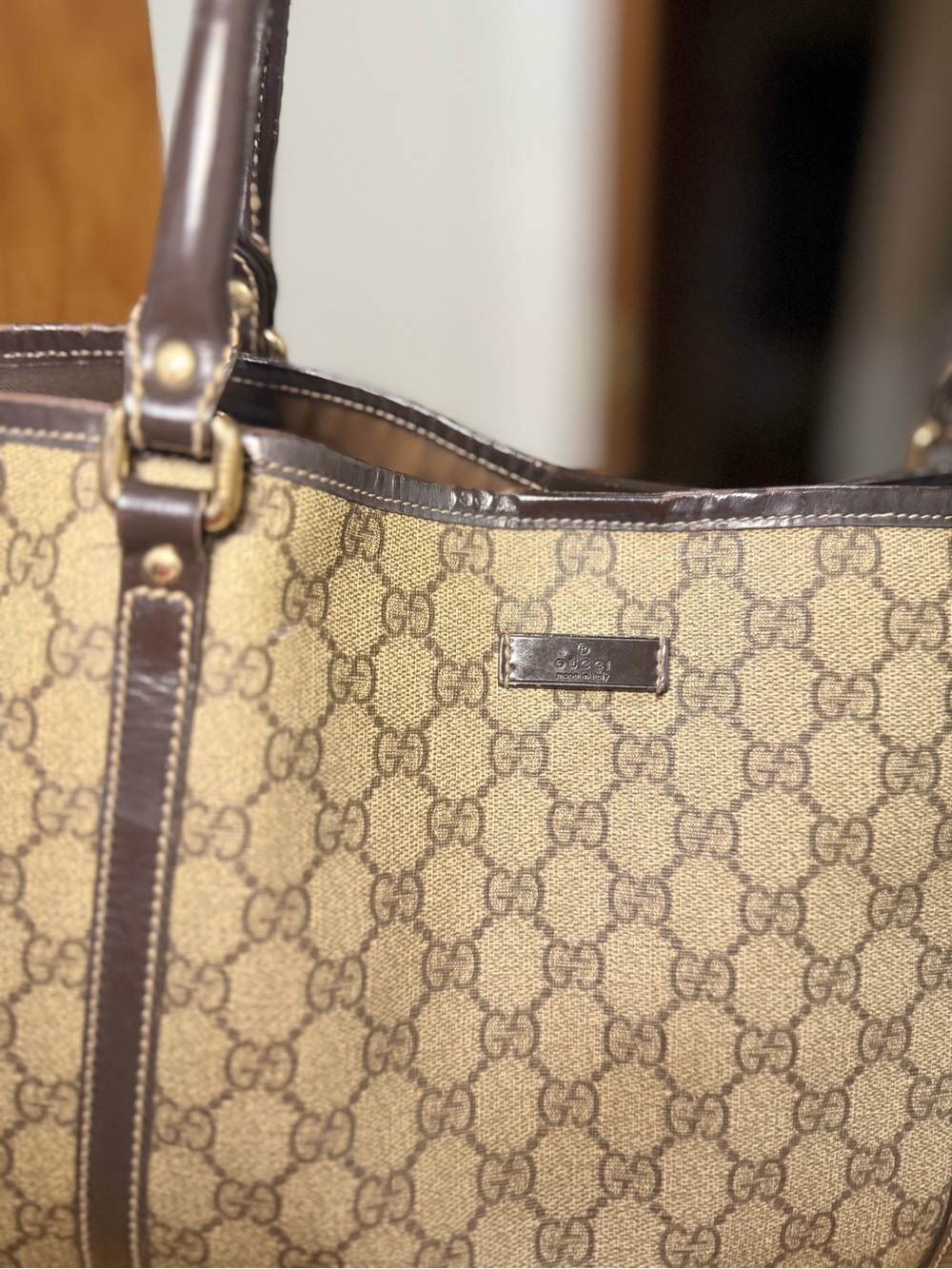 Gucci Beige GG Canvas Tote with Dark Brown Trim - Picture 6 of 16